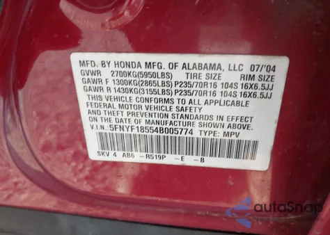 2004 Honda Pilot Ex-L z USA, uszkodzony, nr VIN 5FNYF18554B005774